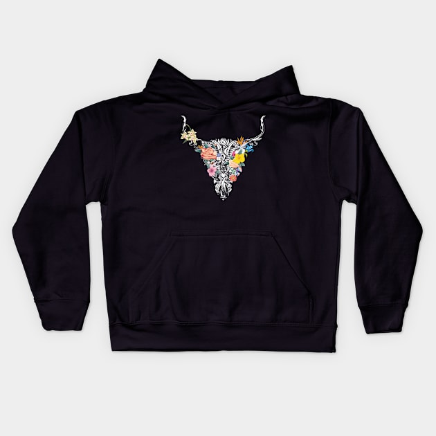 Bull skull with flowers Kids Hoodie by Kisho